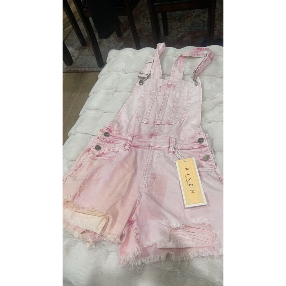 RISEN Pink Denim Shortalls Romper Women’s S Square Neck Adjustable Straps